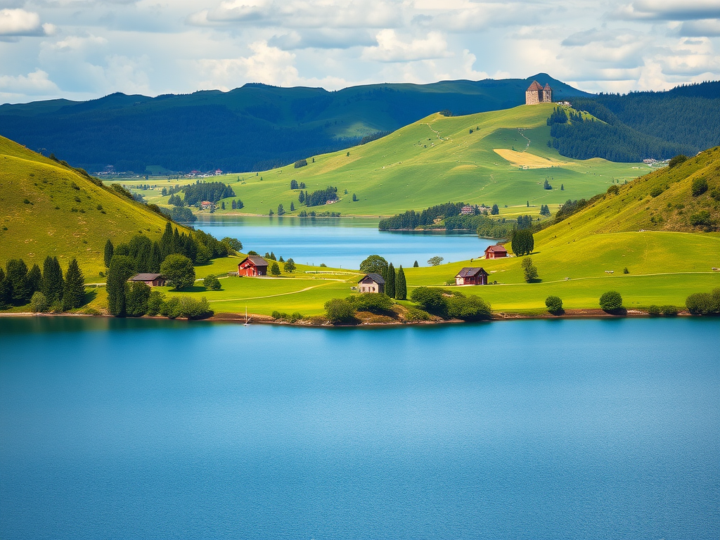 Generate a vibrant landscape image of a serene lake surrounded by lush green hills and scattered houses, shot with a Canon EOS 5D Mark IV at f/8, ISO 100, 1/200s, using a wide-angle lens to capture the expansive scenery from a slightly elevated viewpoint.