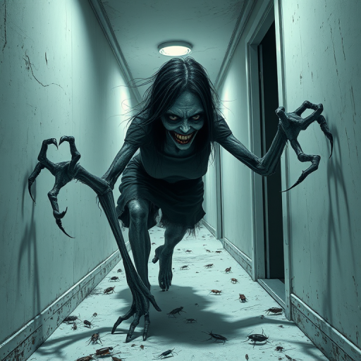 a crooked female with long arms and a creepy smile is crawling along a long white corridor and you can also see cockroaches in it there is a creepy atmosphere creepy art style
