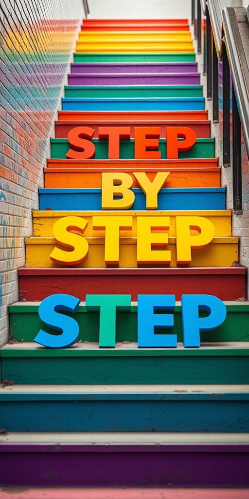 regenerate the image of colorful rainbow stairs with large 3D letters spelling "STEP BY STEP" in vibrant colors, using a DSLR camera with a 50mm lens, aperture set to f/2.8 for shallow depth of field, ISO 100 for optimal brightness, and a low angle perspective to emphasize the stairs and letters.