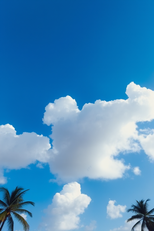 A vibrant blue sky with fluffy clouds and a silhouette of palm trees in the foreground, captured with a DSLR camera, aperture f/8, shutter speed 1/2000s, ISO 100, 24mm lens, wide-angle view for enhanced depth.