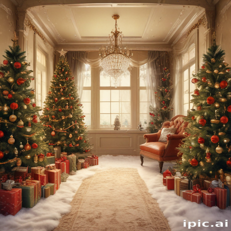 Cozy Holiday Living Room Decorated with Christmas Trees and Presents