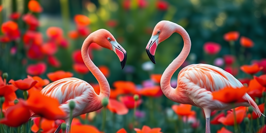 create an image of two flamingos facing each other in a lush garden filled with vibrant poppies, soft natural lighting, focus on the flamingos, shallow depth of field, using a DSLR camera with a 50mm lens at f/1.8, ISO 100, 1/250 sec, in a macro photography style