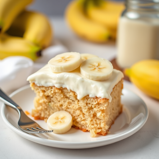 A slice of banana cake with creamy frosting topped with banana slices served on a white plate with a fork beside it, with a blurred background of bananas and a jar.