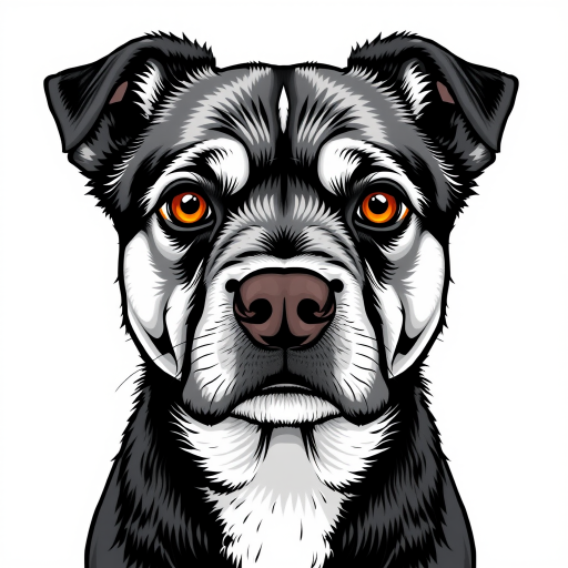 Create a detailed illustration of a black and white dog with striking amber eyes. The dog's face should be prominent and expressive, featuring a mix of fur textures. The background should be a soft, neutral color to enhance the dog's features. The overall style should be bold and graphic, emphasizing the dog's unique characteristics.