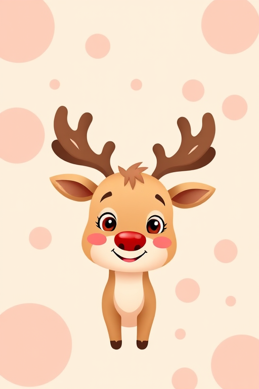 Create a cute cartoon reindeer character with a cheerful expression in a soft pastel background featuring pink and peach circles, using a DSLR camera, 50mm lens, f/2.8 aperture, 1/100 sec shutter speed, and ISO 100 for vibrant colors and sharp details.