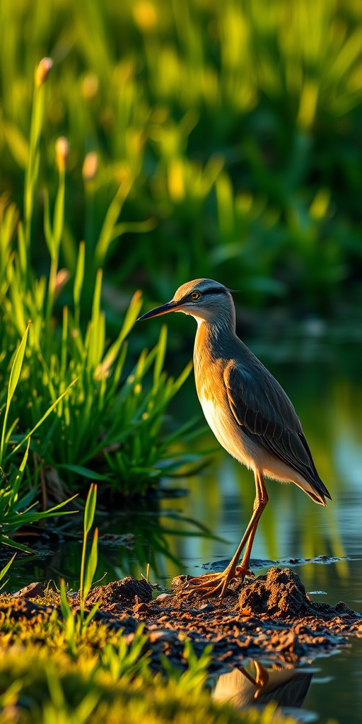 Capture a close-up of a bird standing by a tranquil pond with vibrant green grass and reflections in the water, use a Canon EOS R5 with a 100mm f/2.8 macro lens, aperture set to f/4 for sharp focus on the subject, ISO 200 for fine detail, shot during golden hour for warm lighting.