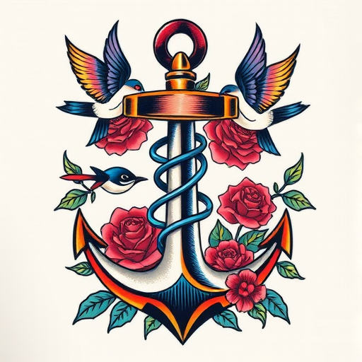 Colorful neo-traditional tattoo named "Sailor's Fortune" featuring a bold anchor entwined with vibrant roses, swallows, and nautical elements, incorporating thick outlines and saturated hues