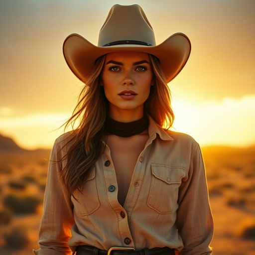 Dramatic photo of a beautiful Western American woman, classic cowboy attire, confident and free spirit expression, half-length portrait, centered, golden hour desert landscape, warm, diffused light, low angle, medium format film camera, in style of Annie Leibovitz.