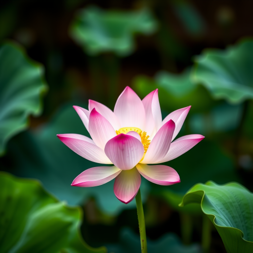 photograph a pink lotus flower with green leaves, soft focus background, use a Canon EOS R5 with a 50mm f/1.2 lens, aperture f/2.8, ISO 100, shutter speed 1/200 sec, natural lighting, from a low angle for a more dramatic perspective