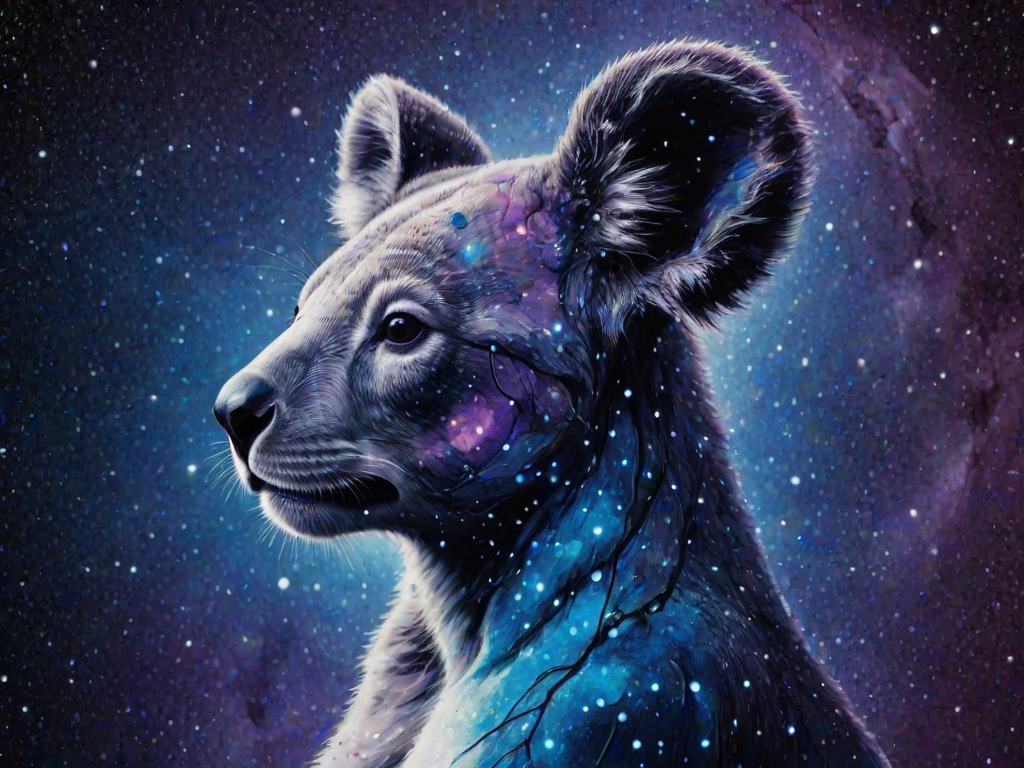 Captivating conceptual render alcohol ink art, double exposure, the paint strokes artfully merge combining a woman's full silhouette with a Cute koala's silhouette. The figures are composed of a series of colored dots, lines & spots that evoke the image of a cosmic galaxy, colors are deep shades of blue purple & black with flashes of white & silver representing distant stars. The woman's silhouette is formed within the lion's silhouette from constellations of scattered stars, surreal