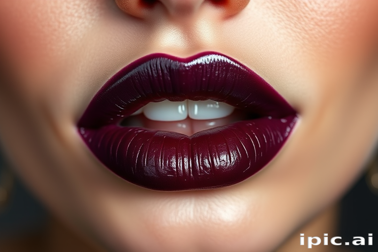Glossy deep plum lips with a metallic sheen, "Midnight Mystique" boasts a perfectly defined cupid's bow and rich, moisturized texture that catches the light beautifully