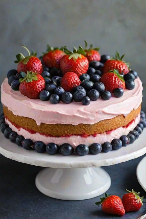 Create a vibrant and delicious cake topped with a variety of fresh berries including strawberries, blueberries, and cherries. The cake should have a smooth layer of creamy frosting, and be adorned with delicate edible flowers for an elegant touch. Ensure the background is dark to highlight the colors of the cake and the toppings.