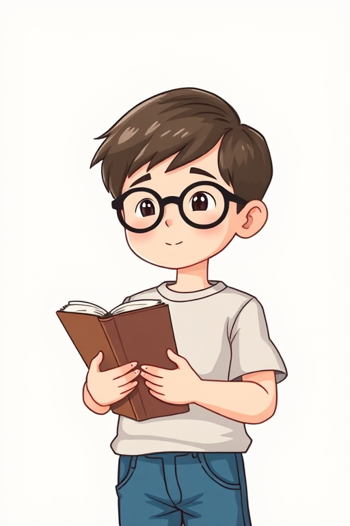 Illustration of a young boy with glasses holding a book, simple lines and soft colors, shot with a Canon EOS 5D Mark IV, aperture f/4, ISO 100, 50mm lens, natural light, clean background.