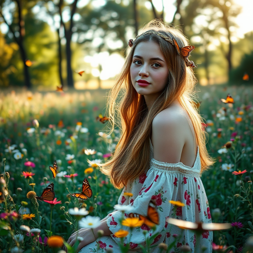 Generate a serene portrait of a young woman in a floral field, surrounded by butterflies, dressed in bohemian attire with soft sunlight filtering through trees in the background, captured with a 50mm lens at f/1.8, ISO 100, natural light, DSLR camera style.