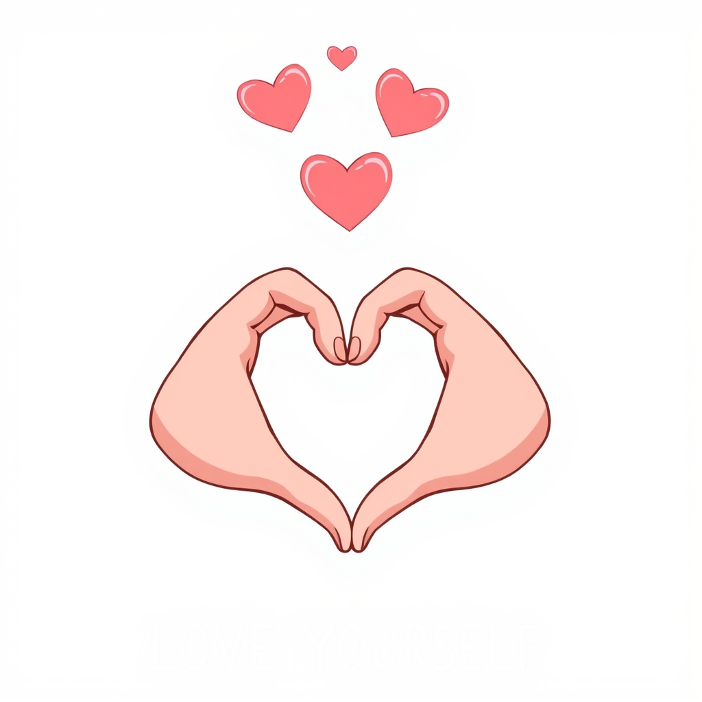 Create a high-resolution digital illustration of two cartoon hands forming a heart shape, with three smaller hearts floating above, a pastel color palette, with "LOVE YOURSELF" text in a stylish font below, using a Canon EOS R5 with a 50mm f/1.2 lens, aperture set to f/2.8, ISO 100, and natural soft lighting to enhance depth and detail.