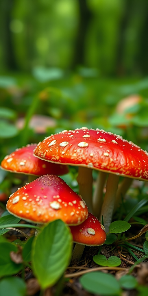 Capture a close-up of vibrant red mushrooms with white spots in a lush green forest, using a Canon EOS R5, 50mm lens, f/2.8 aperture, ISO 100, and natural light to enhance colors and details.