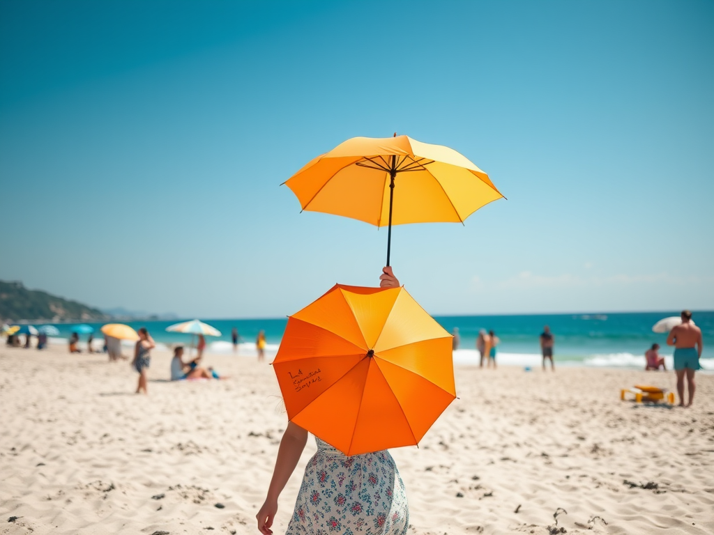 Create a vibrant beach scene featuring a woman holding an orange umbrella with other beachgoers in the background, using a Canon EOS R5 with an 85mm f/1.2 lens at ISO 100, aperture f/8, and a shutter speed of 1/500s, capturing a wide-angle view that emphasizes the bright sky and sandy beach in a painterly style.