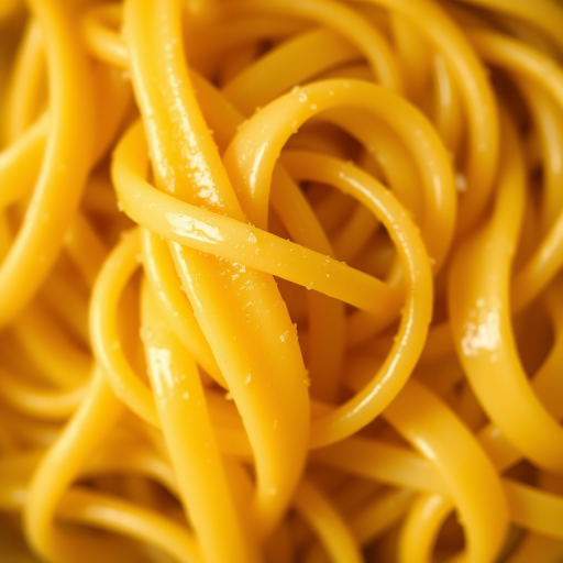 macro shot of smooth, golden fettuccine pasta, shallow depth of field, ISO 100, f/2.8, 50mm lens, natural lighting, high contrast, top-down view