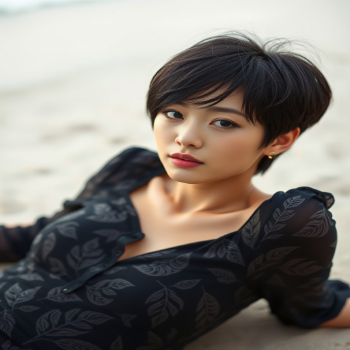 portrait of a woman with short black hair lying on the beach, wearing a long-sleeve black dress with intricate leaf patterns, soft natural lighting, shallow depth of field, captured with a Canon EOS R5, 50mm lens, f/1.8 aperture, ISO 100, high resolution