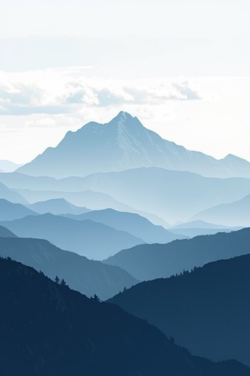 Create a minimalist mountain landscape illustration featuring layered blue and gray mountains under a soft, cloudy sky, with a focus on depth and atmospheric perspective, captured with a DSLR camera at f/8, ISO 100, 35mm lens, with a wide-angle view to enhance the scene's grandeur.