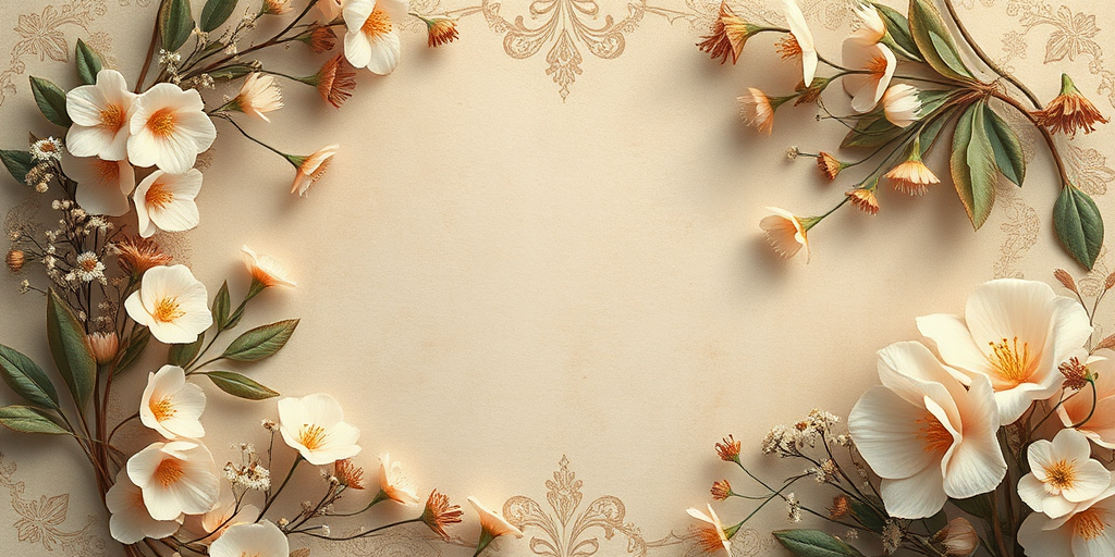 Create a vintage floral background with soft, muted colors, featuring delicate flowers and ornate foliage framing a parchment-like center, captured with a Canon EOS R5, aperture f/4, ISO 100, 50mm focal length, using a shallow depth of field for a dreamy effect.