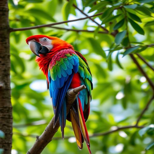 vibrant macaw perched on a tree branch in a natural setting with lush green leaves, Canon EOS 5D Mark IV, 50mm lens, f/2.8, ISO 200, natural light, shallow depth of field, vibrant colors, soft background blur