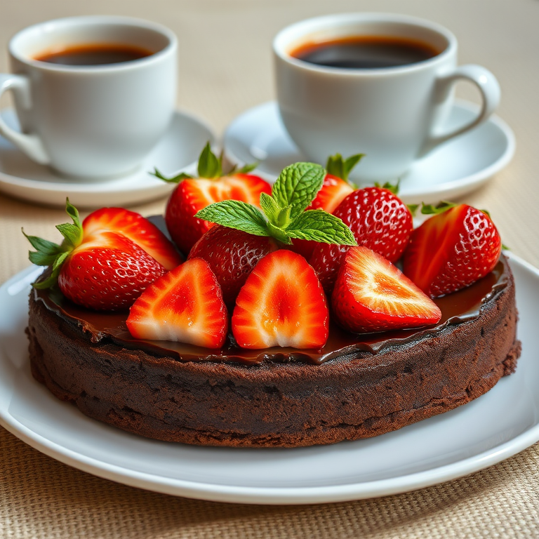 Chocolate cake topped with fresh strawberries and mint leaves served on a white plate with a cup of coffee in the background on a textured tablecloth.