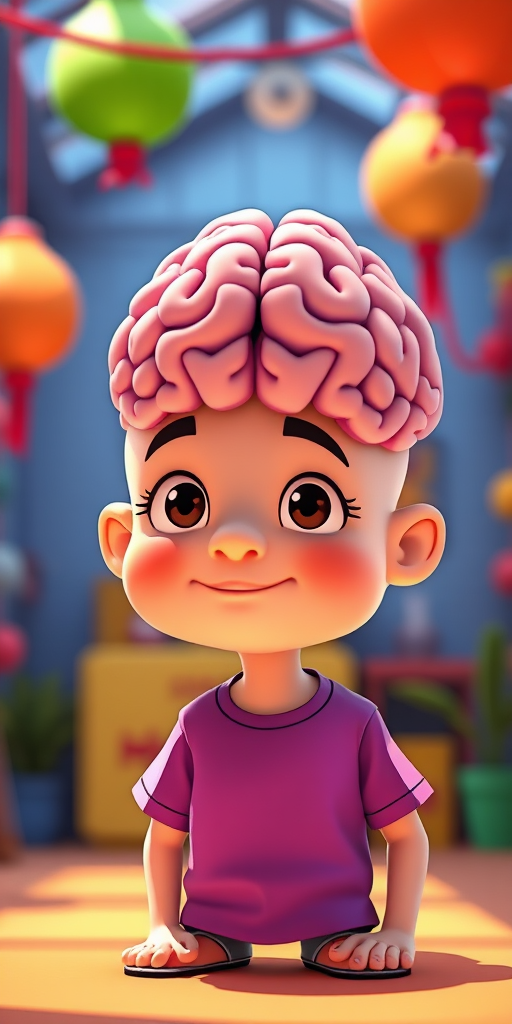 Create a cartoon-style illustration of a character with a visible brain, wearing a purple shirt, in a vibrant and colorful setting, shot with a DSLR camera at f/2.8 aperture, ISO 100, 50mm lens, with a shallow depth of field and bright, well-composed lighting for enhanced detail and clarity.