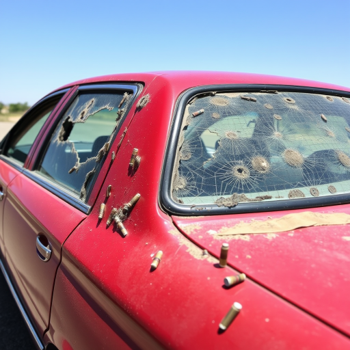 A red car riddled with bullet holes and shattered windows, parked under clear skies in an open area.