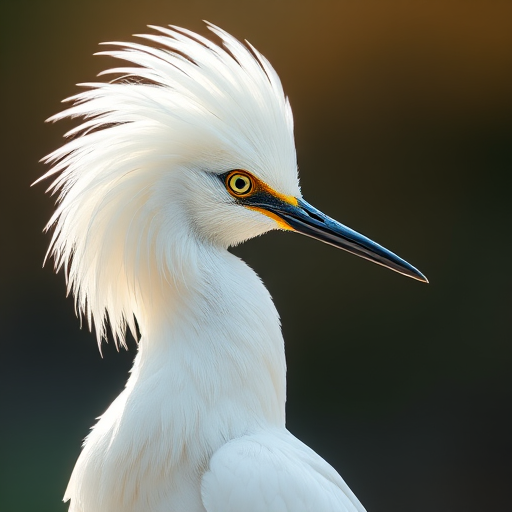 Create a highly detailed illustration of a white bird with elongated feathers and a sharp beak, side view, using a DSLR camera at f/8, with a 50mm lens, soft natural lighting, and a shallow depth of field to enhance clarity and vibrancy.