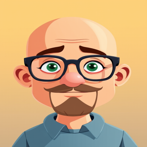 create a cartoon character with a bald head, glasses, and a goatee, in a flat design style, bright colors, 4K resolution, shot with a DSLR camera at ISO 100, f/2.8 aperture, 50mm lens, front view, natural lighting