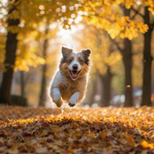 Blurry candid shot of a dog joyfully jumping into a pile of autumn leaves, with warm sunlight filtering through the trees and colorful leaves floating gently in the air.