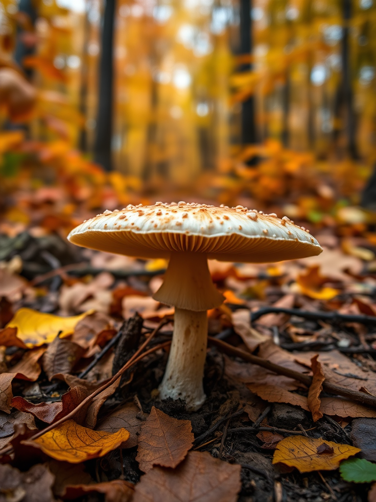 Capture a close-up view of a mushroom in a forest setting during autumn with vibrant fallen leaves, using a DSLR camera at f/2.8 aperture, ISO 100, and a shutter speed of 1/200 seconds for sharp detail and rich colors, focusing on the mushroom while softly blurring the background.