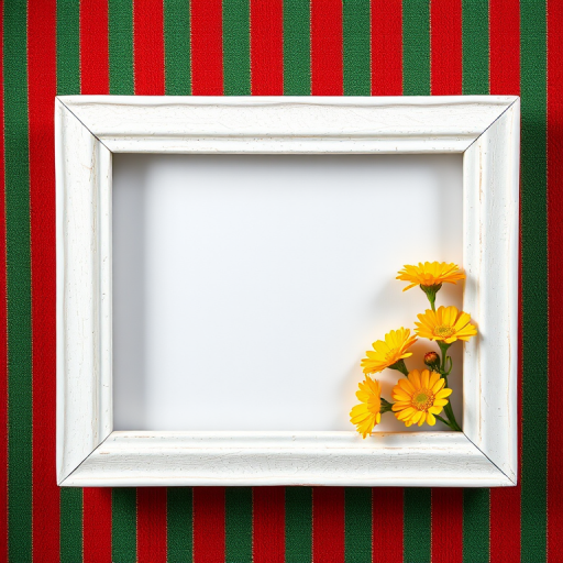 Create an image of a rectangular picture frame with a textured white border, featuring vibrant yellow flowers in one corner, set against a rich, striped background of red and green, shot with a DSLR camera at f/2.8 aperture, 50mm focal length, ISO 100, using natural lighting and a shallow depth of field for enhanced detail and color vibrancy.