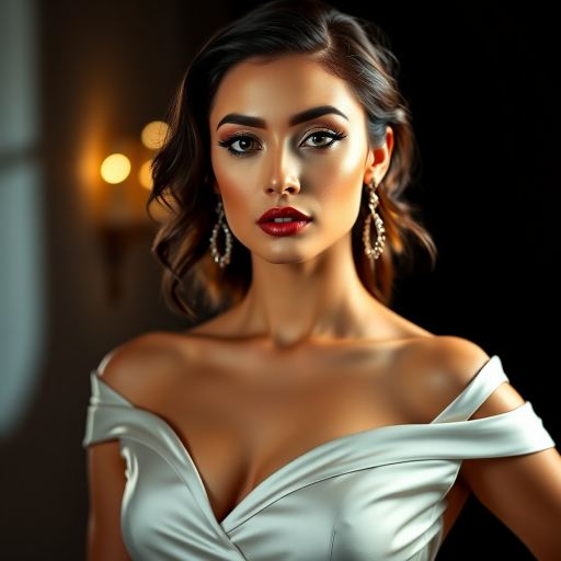 Studio portrait, female model, elegant couture dress, bold makeup, dramatic lighting, Utilize a 50mm portrait lens for crisp details and a soft background blur, 8k