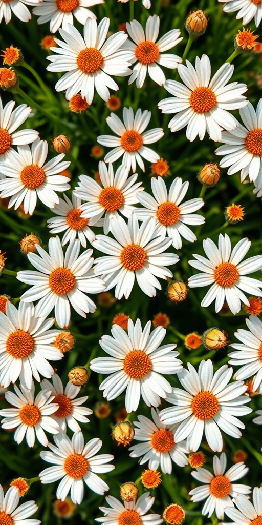 A seamless pattern of white flowers with orange centers on a green background, captured with a Canon EOS 5D Mark IV, 50mm lens, f/8 aperture, ISO 200, in natural daylight to enhance colors and details.
