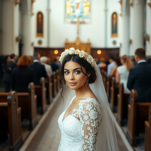 church scene, bridal model, delicate lace gown, floral headpiece, soft romantic focus, high-key lighting and an 85mm lens for soft, even tones that highlight the model’s face and bright outfit against a white or light background