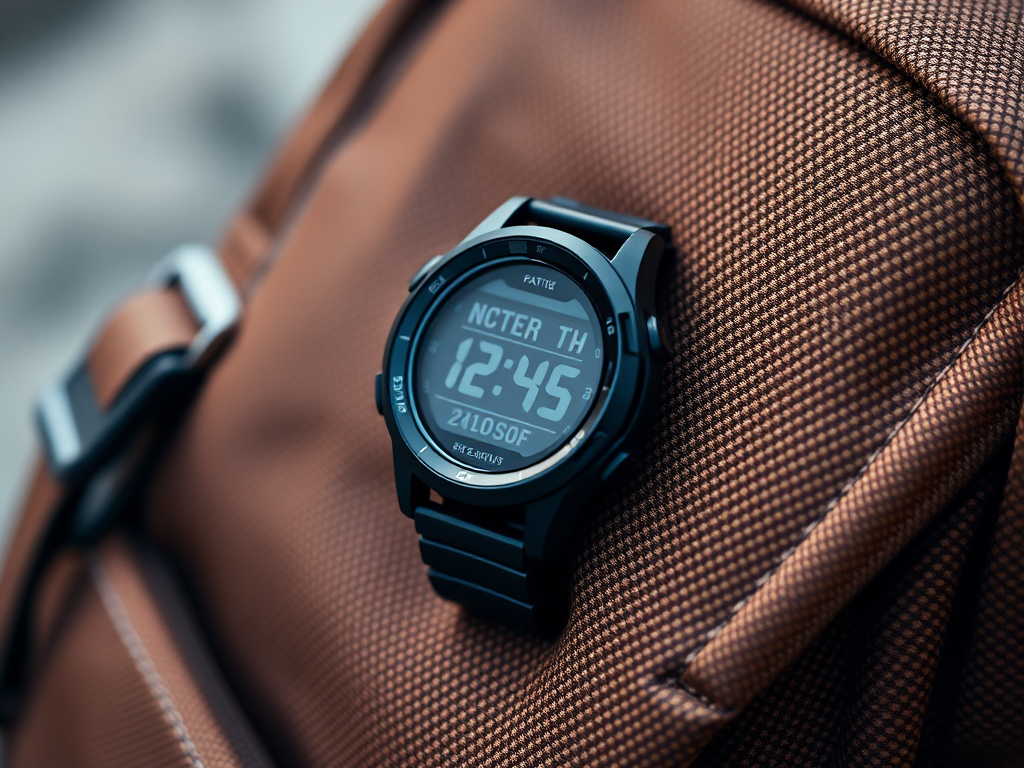 Close-up shot of a black digital watch resting on a textured brown backpack, use a 50mm lens, aperture f/1.8, shutter speed 1/250s, ISO 100, natural light, macro photography style, full-frame DSLR camera.