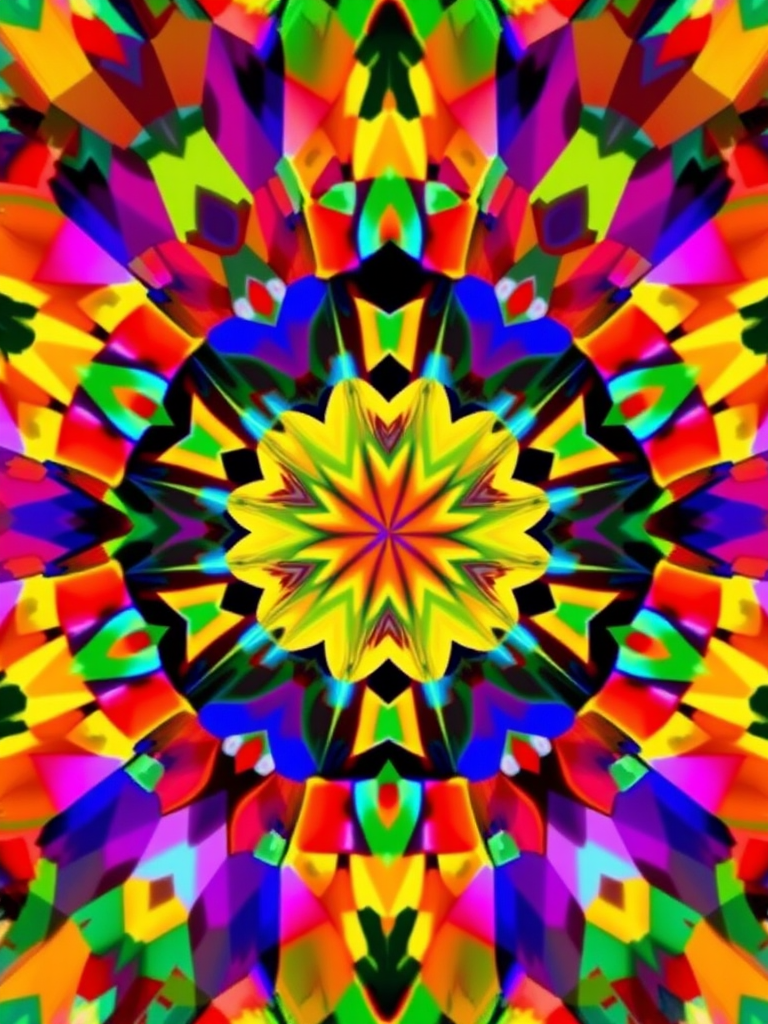 Create a vibrant abstract image with a kaleidoscope of multicolored geometric shapes in a chaotic but harmonious arrangement, captured with a Canon EOS R5, 50mm lens, f/2.8 aperture, ISO 100, in macro mode to enhance detail and color saturation.