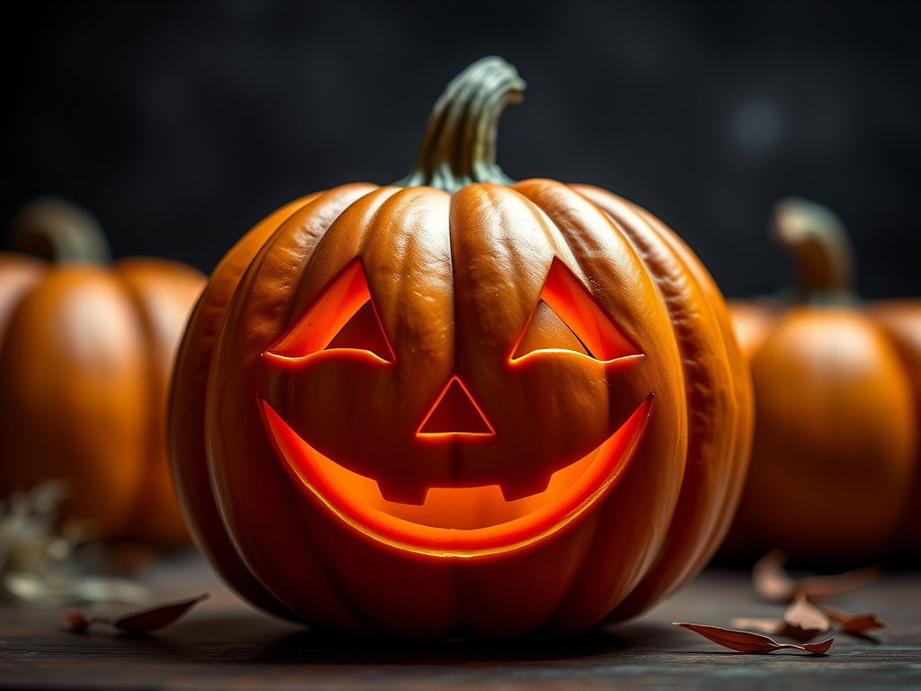 Create a high-resolution image of a smiling Halloween pumpkin with a glossy finish, captured using a DSLR camera at f/2.8 aperture, ISO 100, and a 50mm lens, with a shallow depth of field and soft studio lighting.
