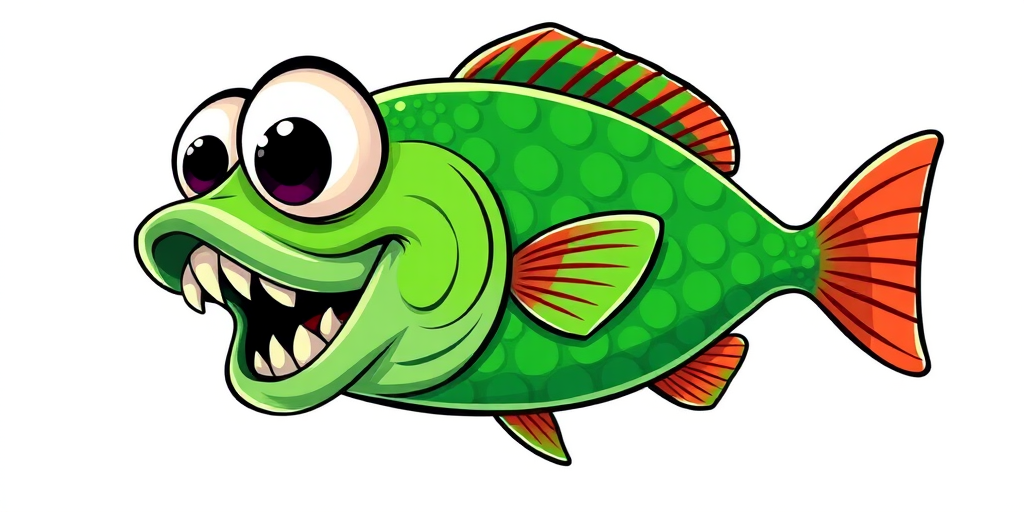 Create a vibrant cartoon-style illustration of a green fish with exaggerated features like large eyes and sharp teeth, showcasing scales with red stripes and white dots on the tail, captured in high resolution with a Canon EOS 90D, ISO 200, aperture f/4.0, and a 35mm lens for a clear, detailed view.