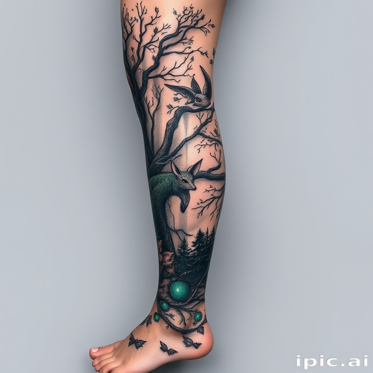 Enchanting body tattoo of a mystical forest scene spanning the entire leg, incorporating photorealistic animals and fairy-tale elements in soft grayscale shading with pops of emerald green