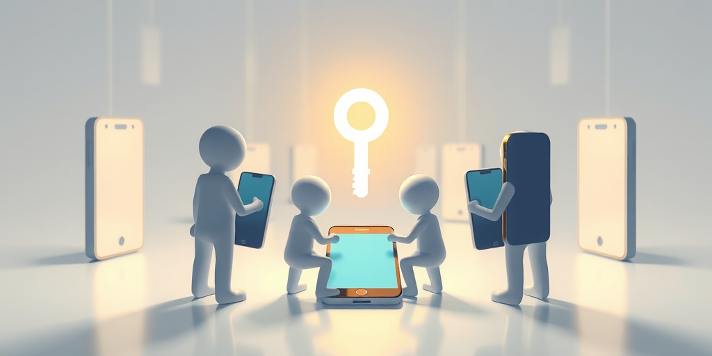 Create an illustration of abstract figures resembling smartphones and screens interacting in a digital space, focus on a central glowing key, use soft lighting, 50mm lens, f/2.8 aperture, ISO 100, shot from a slightly elevated angle for depth, in a clean, minimalist style.