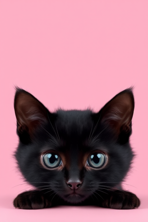 Create an image of a cute black cat peeking from the bottom with large expressive eyes against a solid pastel pink background. The focus should be on the cat's face and ears with minimal distractions in the background.