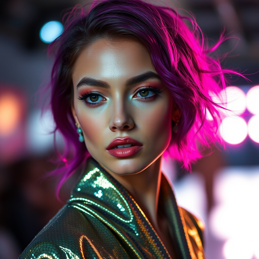 Runway capture, a beautiful model, vibrant colors, metallic textures, high fashion editorial , a 100mm macro lens to get extreme close-ups of intricate details like fabric stitching, accessories, or makeup artistry