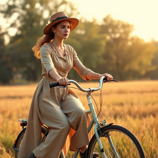 Generate an illustration of a woman in vintage attire riding a bicycle through a scenic field with trees in the background, captured with a Canon EOS R5 at f/2.8, ISO 100, 50mm lens, in soft natural lighting with a shallow depth of field.