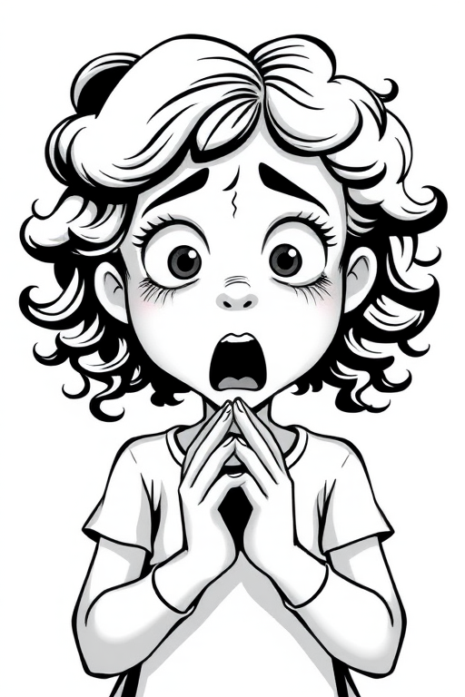 The image is a black and white illustration of a young girl with curly hair. She has a surprised expression on her face with her mouth open and her hands clasped together in front of her chest. Her eyes are wide and her eyebrows are furrowed. Her hair is styled in loose curls that are cascading down her back. The overall mood of the image is one of shock or surprise.