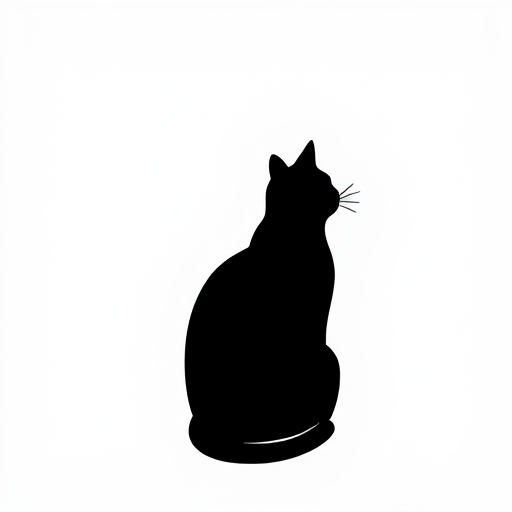 Create an image of a simple black silhouette of a cat sitting upright with its tail curled around its body.