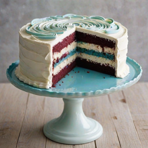 Create a visually appealing image of a multi-layered cake with a white frosting that has a swirl design on top. The cake should have visible layers of dark filling and be presented on a light blue cake stand. Include a slice of the cake removed to showcase the layers inside. The background should be simple and elegant, highlighting the cake as the main focus.