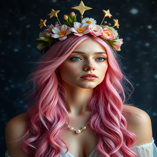 Create a portrait of a mystical female figure with pink hair and a celestial crown adorned with flowers and stars, set against a galaxy background, captured with a Canon EOS R5 using a 50mm lens at f/1.2, ISO 100, 1/125s, in soft natural lighting for enhanced detail and vibrant colors.